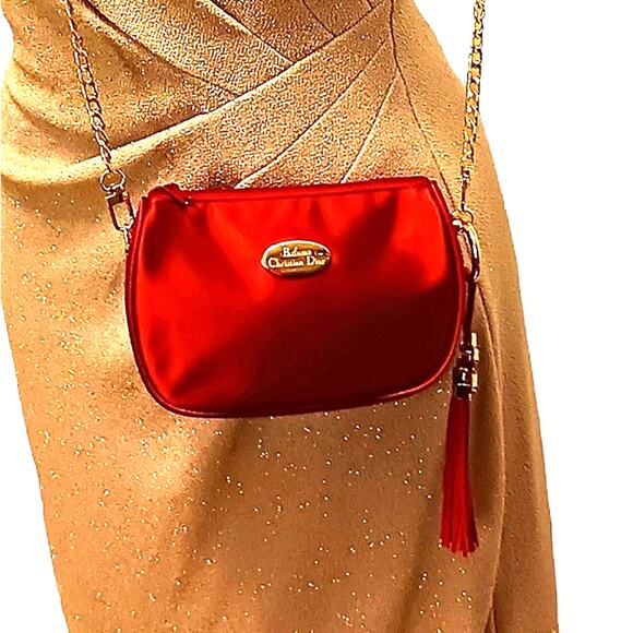 DIOR CROSSBODY Purse 6.5x4 Red Satin Beaute bag added Crystal Tassel Gold Chain - Picture 2 of 16
